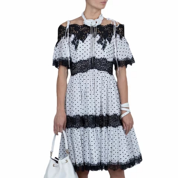 Blumarine Embroidered Polka Dot Lace Quarter Sleeves Cotton Fit Flare Dress 42 6 - Picture 4 of 12